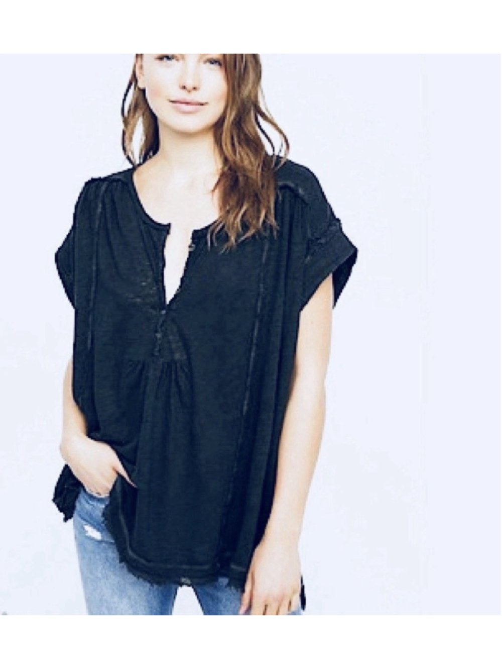 Free People Aster Henley Oversized Top Small Black New
